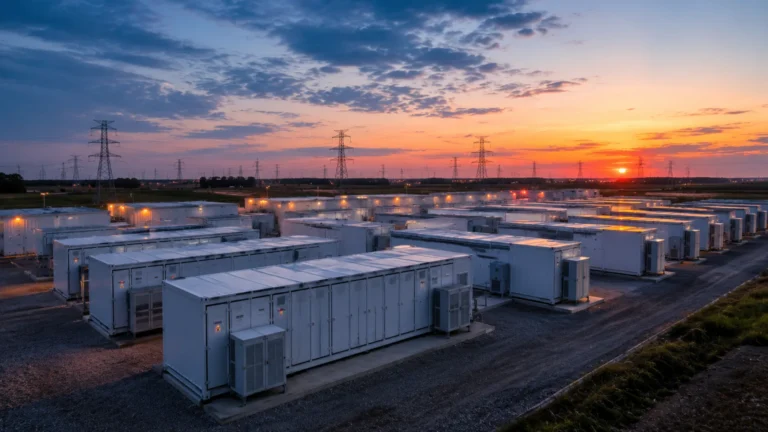 battery storage facility at dusk