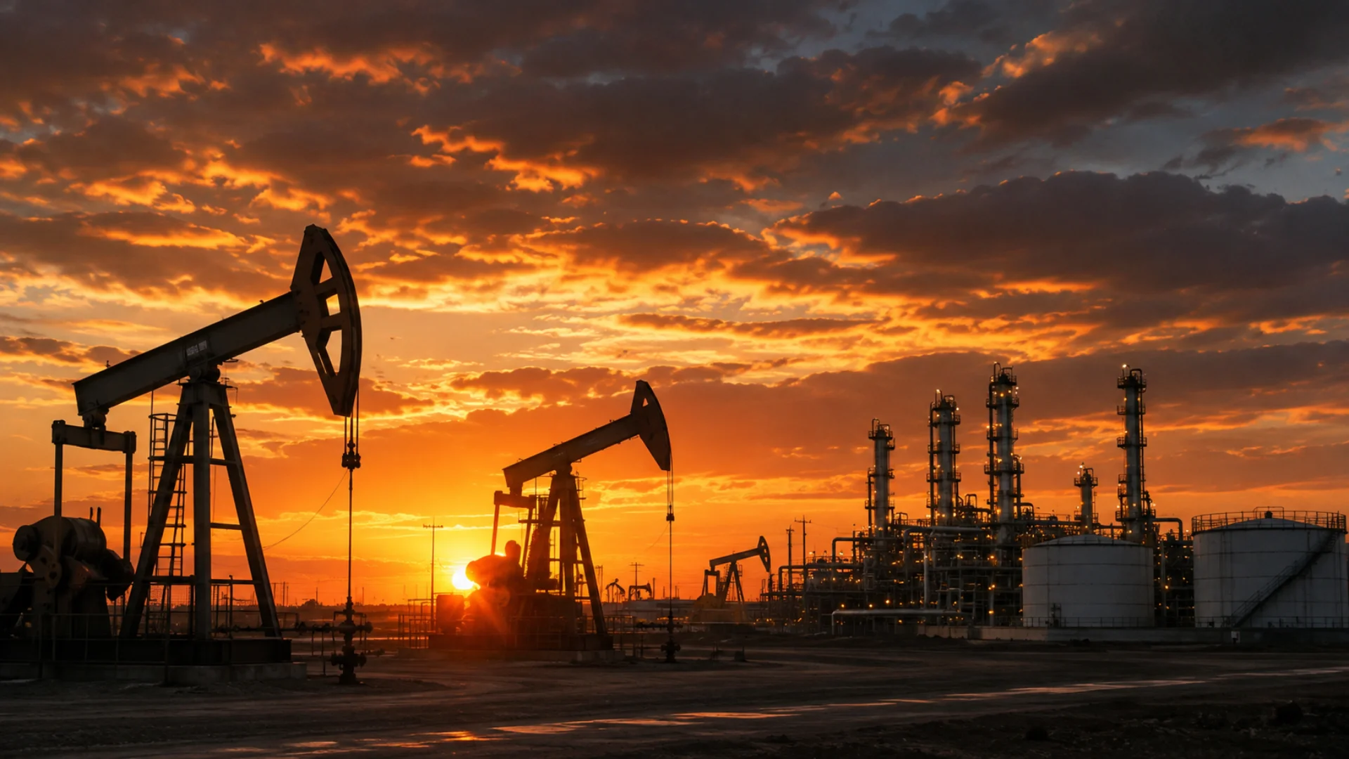 hilcorp energy oil and gas production facility at sunset