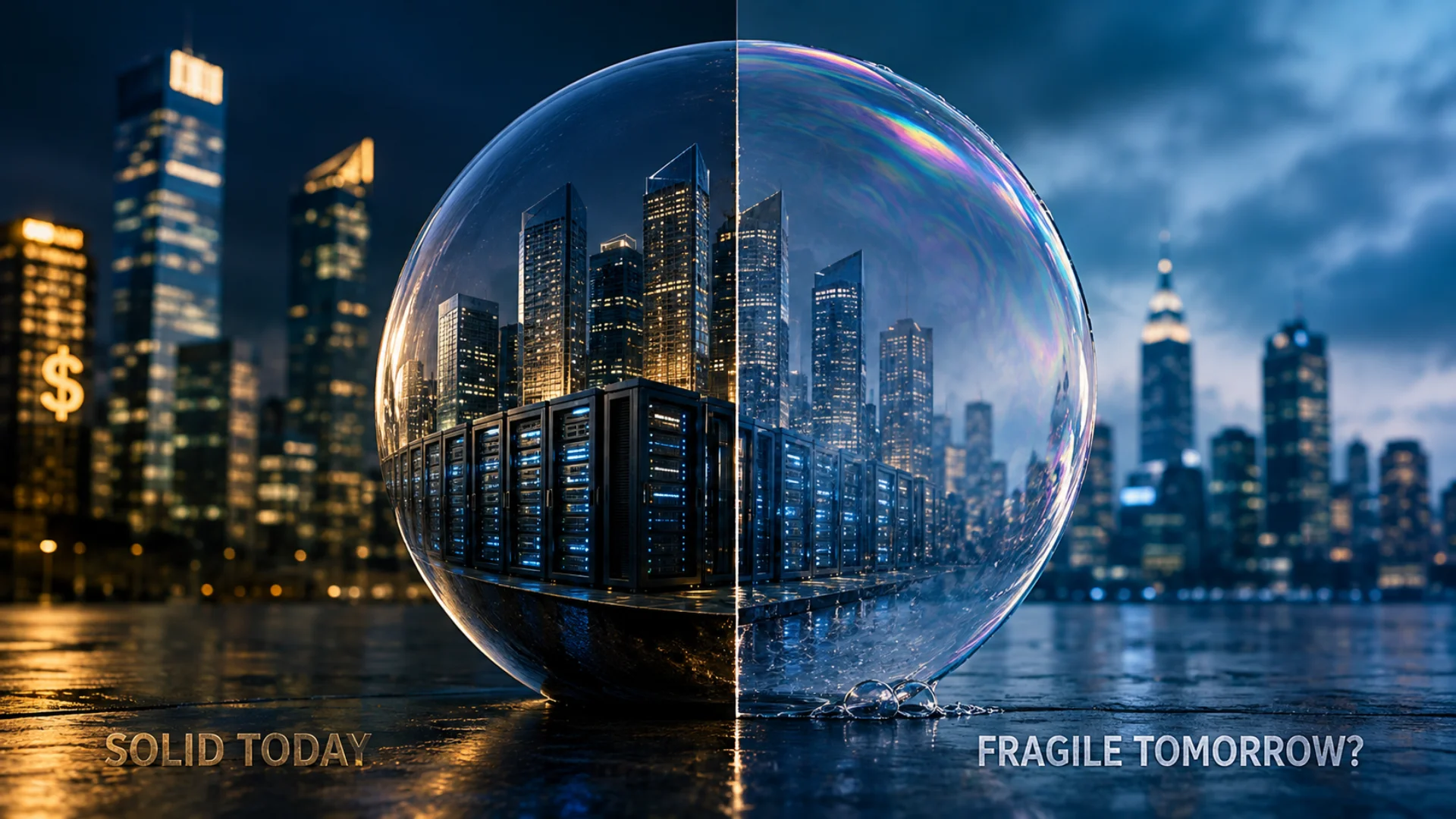 is ai a bubble illustrated by a fragile glowing bubble over a city skyline