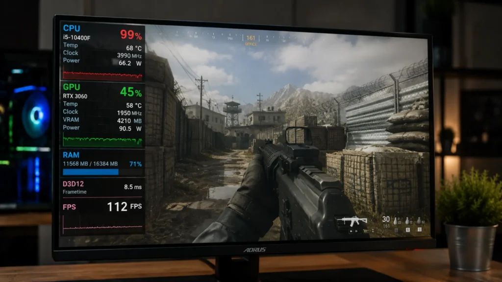 on screen hardware monitoring overlay showing cpu usage at 100 percent and gpu underutilization during a pc gaming benchmark test hardware monitoring overlay showing cpu usage at 100 % and gpu underutilization during a pc gaming benchmark test