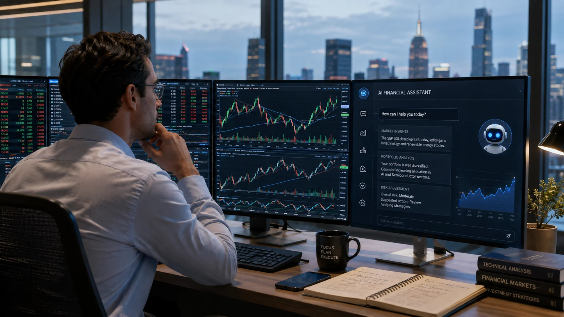 rogo ai platform helping a financial analyst on a trading desk rogo ai platform helping a financial analyst on a trading desk