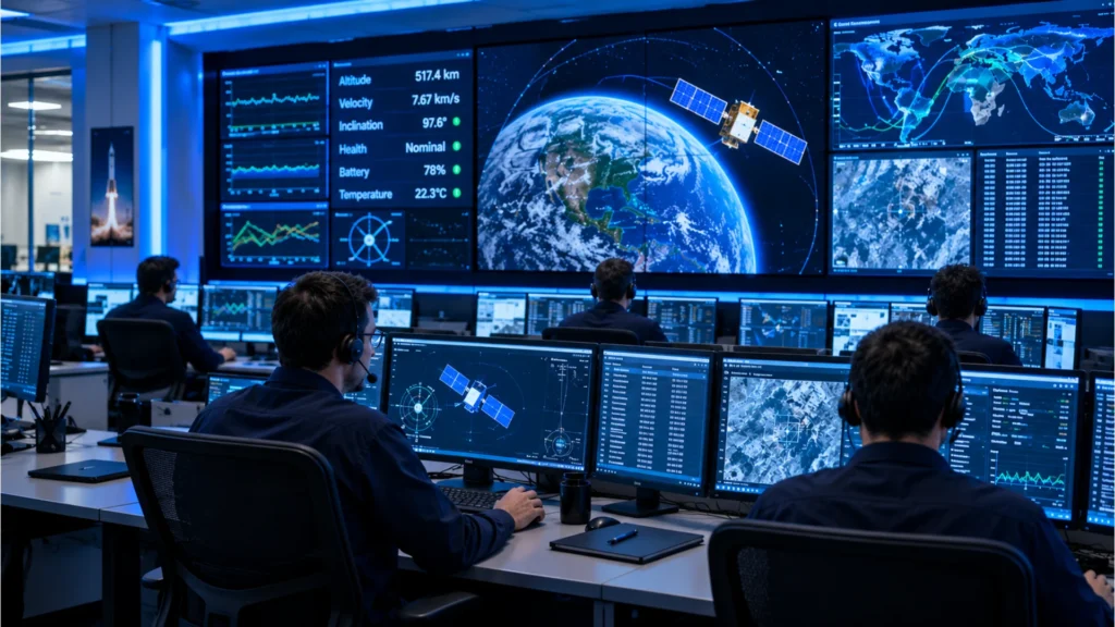 quantum space mission control team monitoring satellite operations