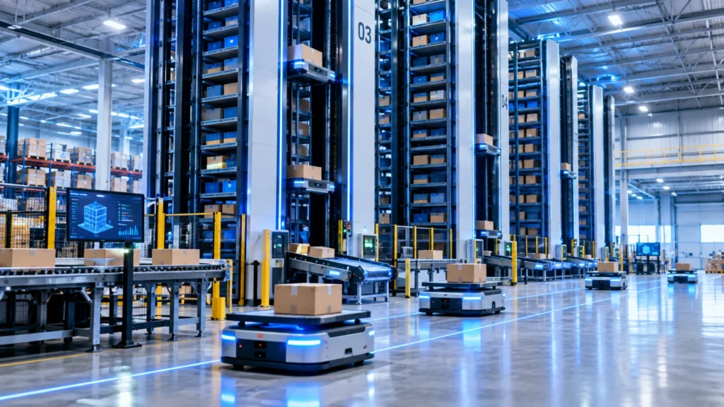 unbox robotics vertical parcel sorting robots in a modern warehouse
